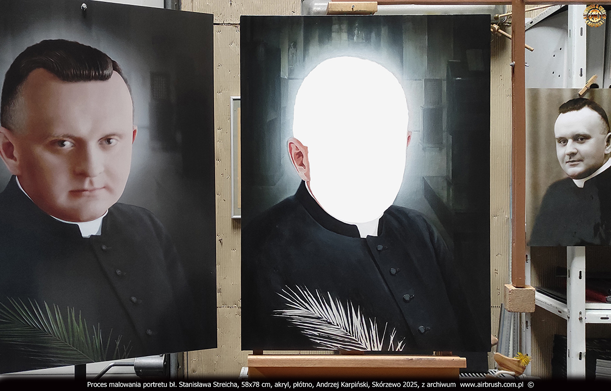 Proces malowania portretu bł. Stanisława Streicha, rozjaśnienie tła wnętrza nawy bocznej kościoła oraz malowanie sutanny i ucha, Andrzej Karpiński, Skórzewo 2025 Proces malowania portretu bł. Stanisława Streicha, rozjaśnienie tła wnętrza nawy bocznej kościoła oraz malowanie sutanny i ucha, Andrzej Karpiński, Skórzewo 2025