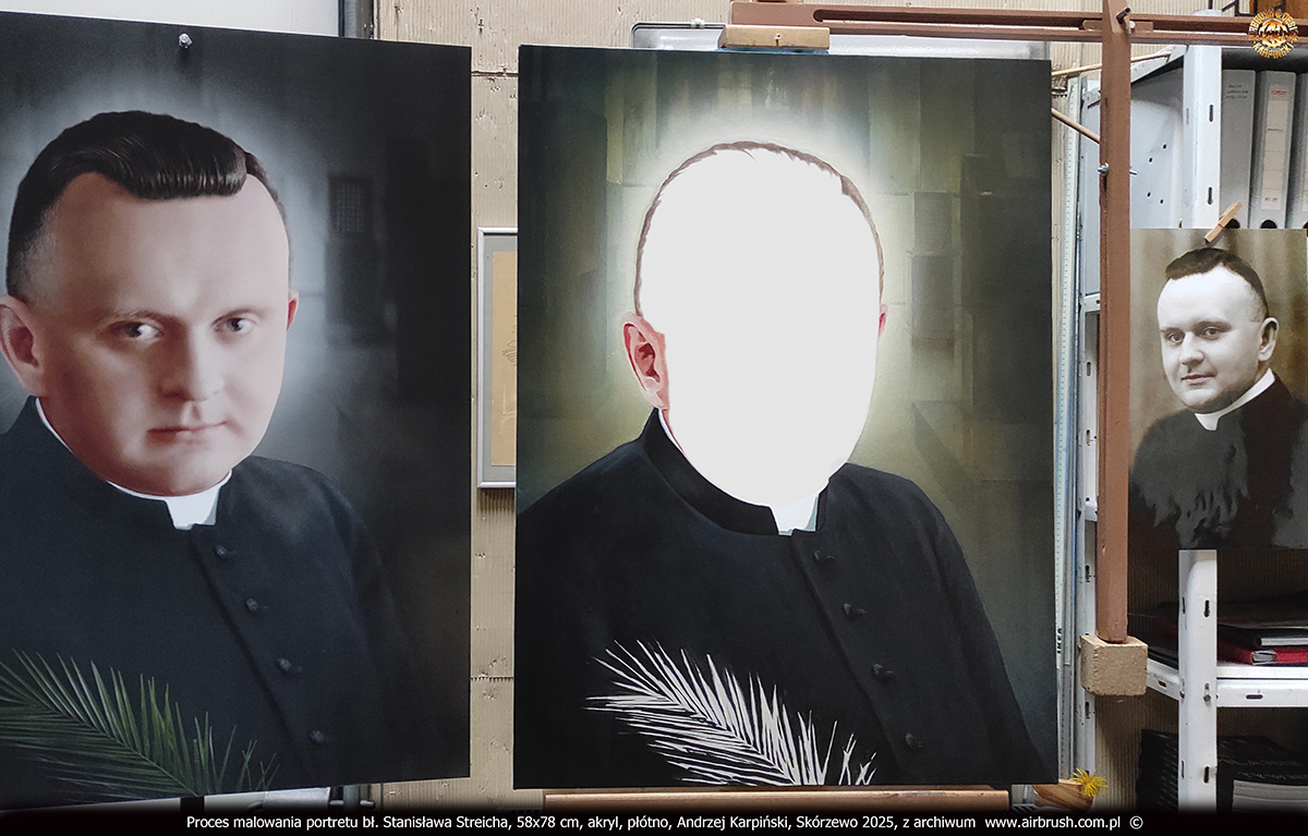 Proces malowania portretu bł. Stanisława Streicha, zmiana koloru tła wnętrza nawy bocznej kościoła, Andrzej Karpiński, Skórzewo 2025 Proces malowania portretu bł. Stanisława Streicha, zmiana koloru tła wnętrza nawy bocznej kościoła, Andrzej Karpiński, Skórzewo 2025