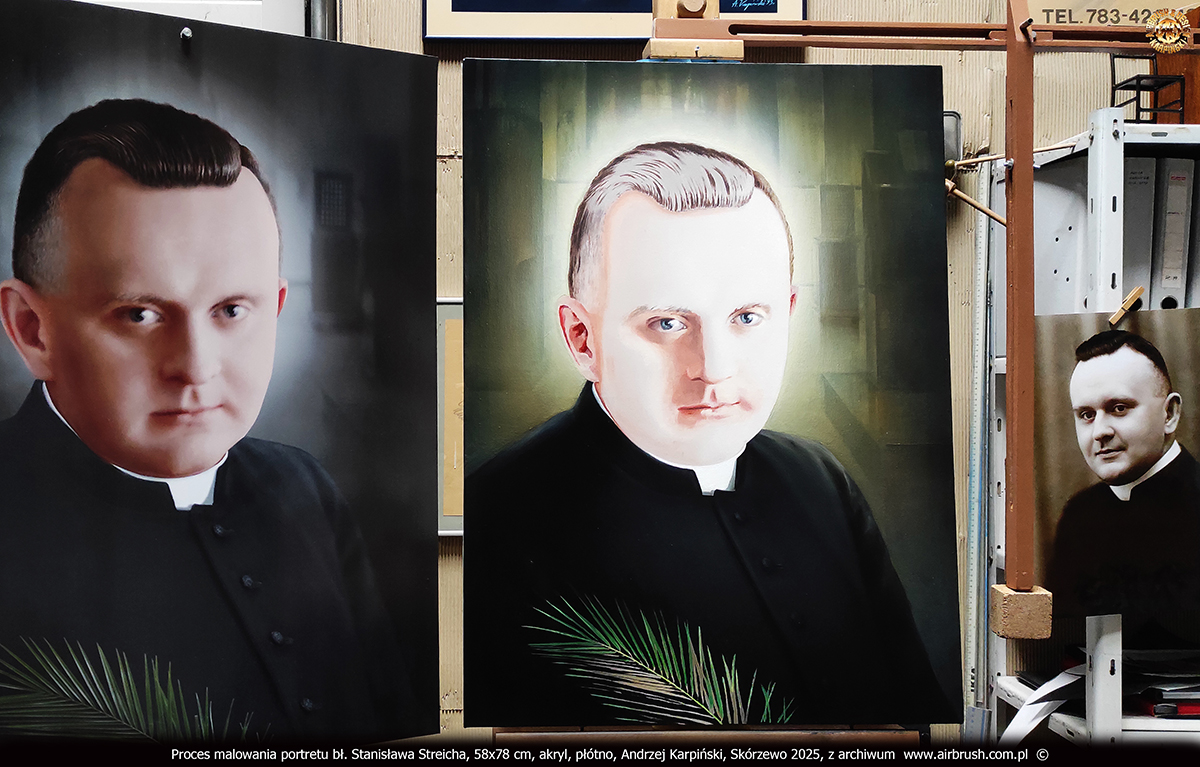 Proces malowania portretu bł. Stanisława Streicha, malowanie oczu, nosa i ust, Andrzej Karpiński, Skórzewo 2025 Proces malowania portretu bł. Stanisława Streicha, malowanie oczu, nosa i ust, Andrzej Karpiński, Skórzewo 2025