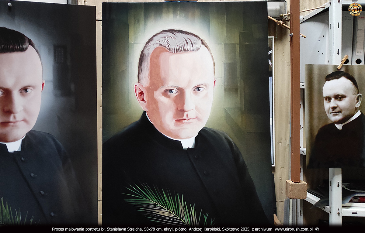 Proces malowania portretu bł. Stanisława Streicha, cieniowanie twarzy i włosy, Andrzej Karpiński, Skórzewo 2025 Proces malowania portretu bł. Stanisława Streicha, cieniowanie twarzy i włosy, Andrzej Karpiński, Skórzewo 2025