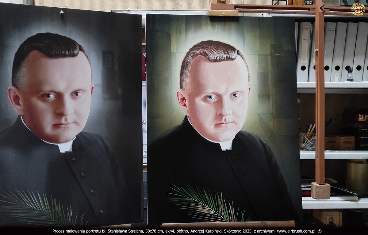 Proces malowania portretu bł. Stanisława Streicha, cieniowanie twarzy i włosy, Andrzej Karpiński, Skórzewo 2025 Proces malowania portretu bł. Stanisława Streicha, cieniowanie twarzy i włosy, Andrzej Karpiński, Skórzewo 2025