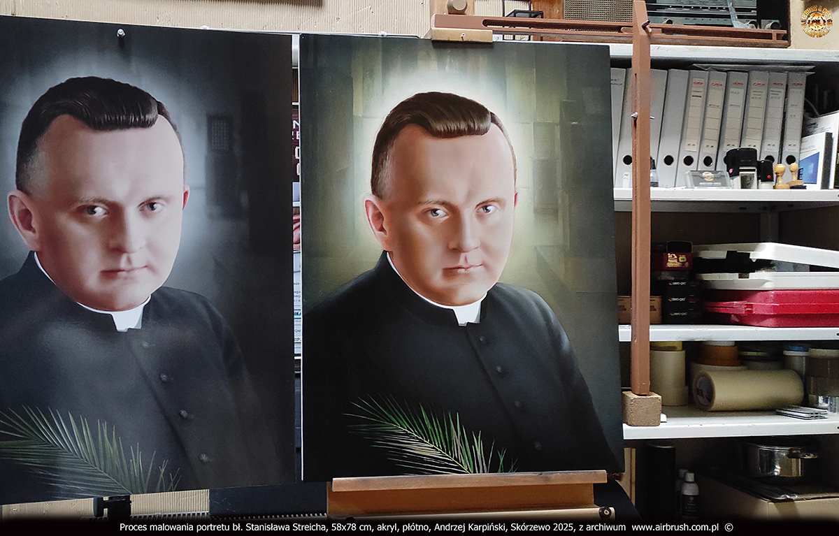 Proces malowania portretu bł. Stanisława Streicha, cieniowanie twarzy i włosy, Andrzej Karpiński, Skórzewo 2025 Proces malowania portretu bł. Stanisława Streicha, cieniowanie twarzy i włosy, Andrzej Karpiński, Skórzewo 2025