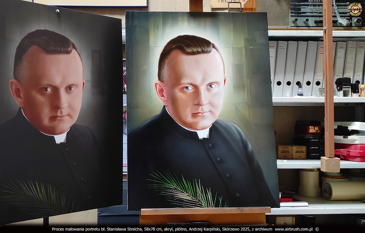 Proces malowania portretu bł. Stanisława Streicha, cieniowanie twarzy i włosy, Andrzej Karpiński, Skórzewo 2025 Proces malowania portretu bł. Stanisława Streicha, cieniowanie twarzy i włosy, Andrzej Karpiński, Skórzewo 2025