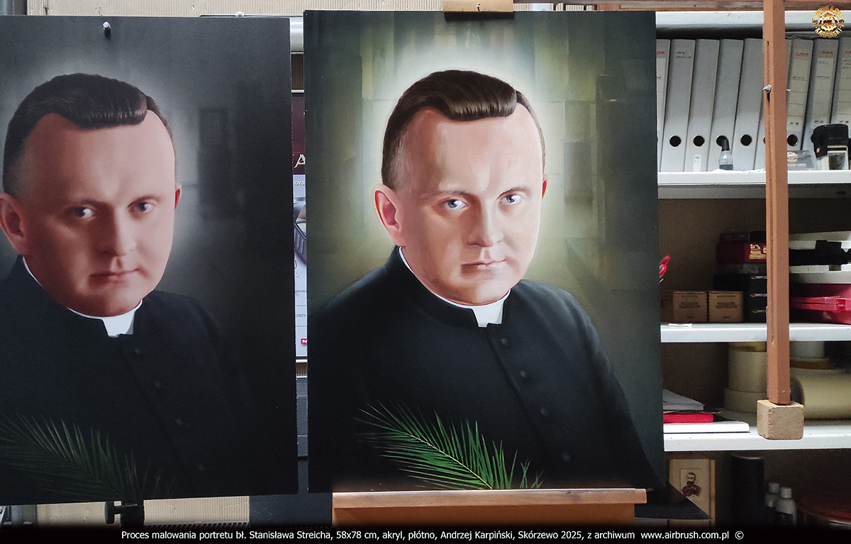Proces malowania portretu bł. Stanisława Streicha, cieniowanie twarzy, włosy i gałązka oliwna, Andrzej Karpiński, Skórzewo 2025 Proces malowania portretu bł. Stanisława Streicha, cieniowanie twarzy, włosy i gałązka oliwna, Andrzej Karpiński, Skórzewo 2025