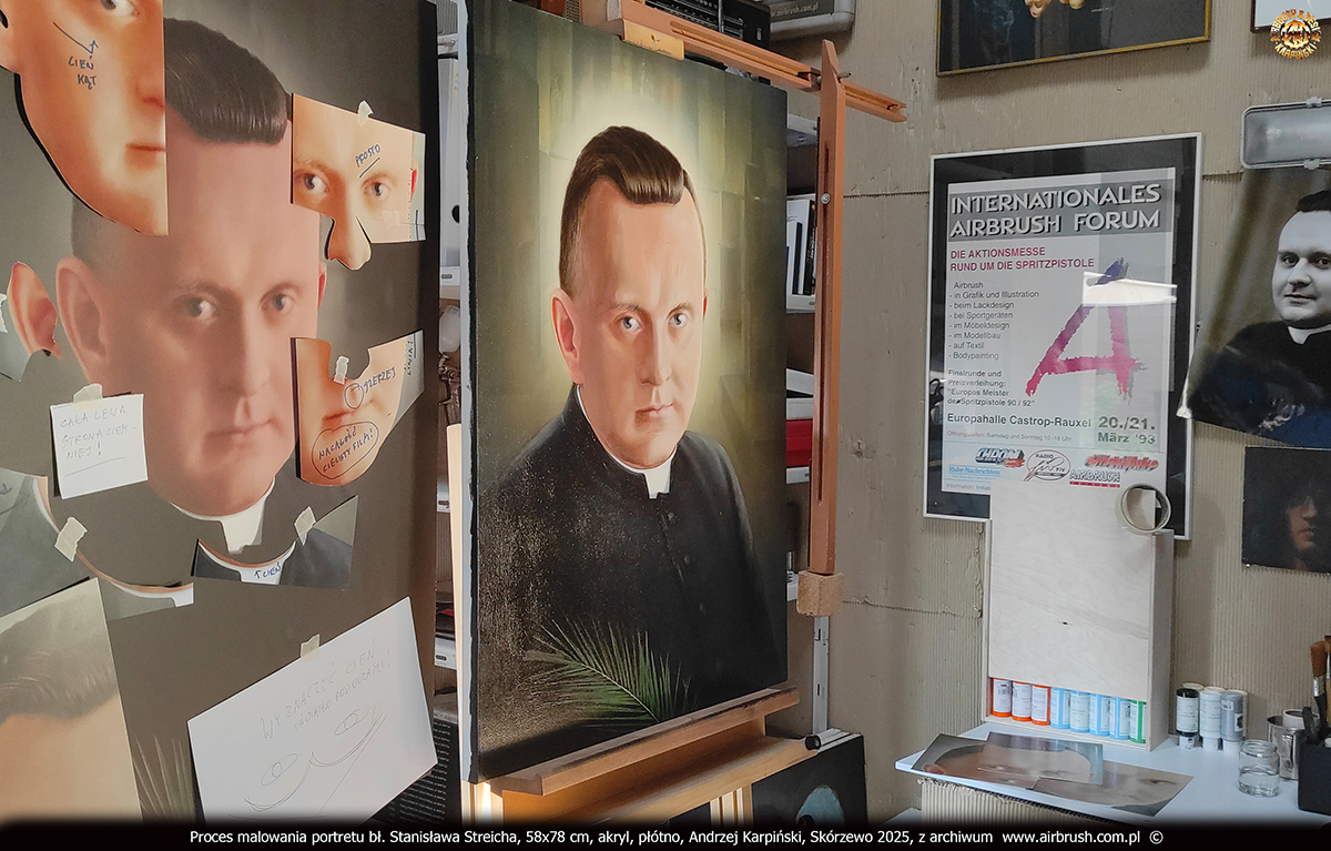 Proces malowania portretu bł. Stanisława Streicha, korekty anatomiczne twarzy, Andrzej Karpiński, Skórzewo 2025 Proces malowania portretu bł. Stanisława Streicha, korekty anatomiczne twarzy, Andrzej Karpiński, Skórzewo 2025