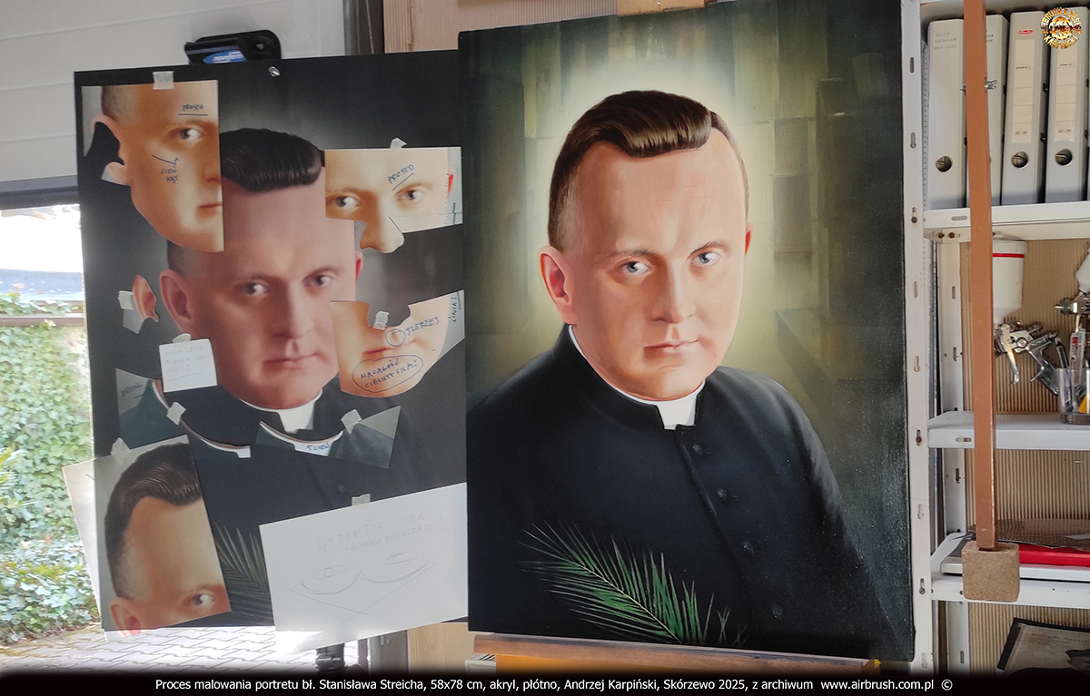 Proces malowania portretu bł. Stanisława Streicha, korekty anatomiczne twarzy, Andrzej Karpiński, 58x78 cm, akryl, płótno, Skórzewo 2025 Proces malowania portretu bł. Stanisława Streicha, korekty anatomiczne twarzy, Andrzej Karpiński, 58x78 cm, akryl, płótno, Skórzewo 2025