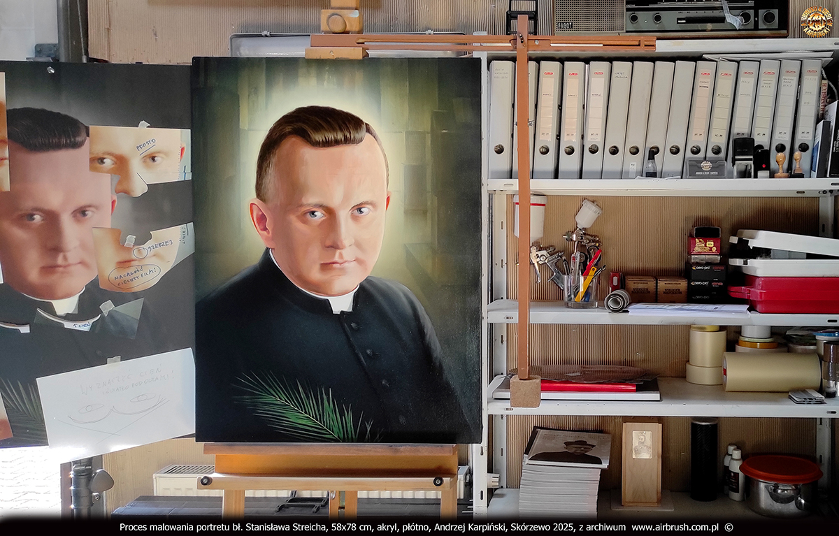 Proces malowania portretu bł. Stanisława Streicha, korekty anatomiczne twarzy, Andrzej Karpiński, 58x78 cm, akryl, płótno, Skórzewo 2025 Proces malowania portretu bł. Stanisława Streicha, korekty anatomiczne twarzy, Andrzej Karpiński, 58x78 cm, akryl, płótno, Skórzewo 2025
