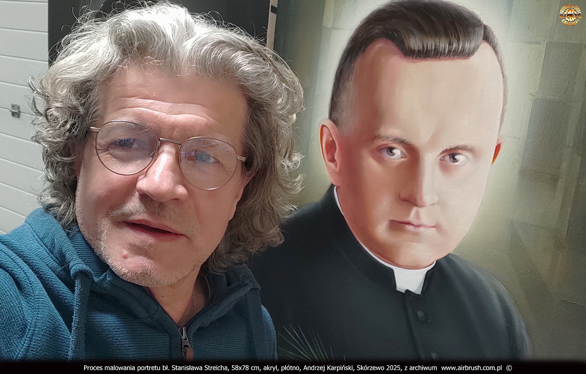 Proces malowania portretu bł. Stanisława Streicha, pracownia, Andrzej Karpiński, 58x78 cm, akryl, płótno, Skórzewo 2025 Proces malowania portretu bł. Stanisława Streicha, pracownia, Andrzej Karpiński, 58x78 cm, akryl, płótno, Skórzewo 2025