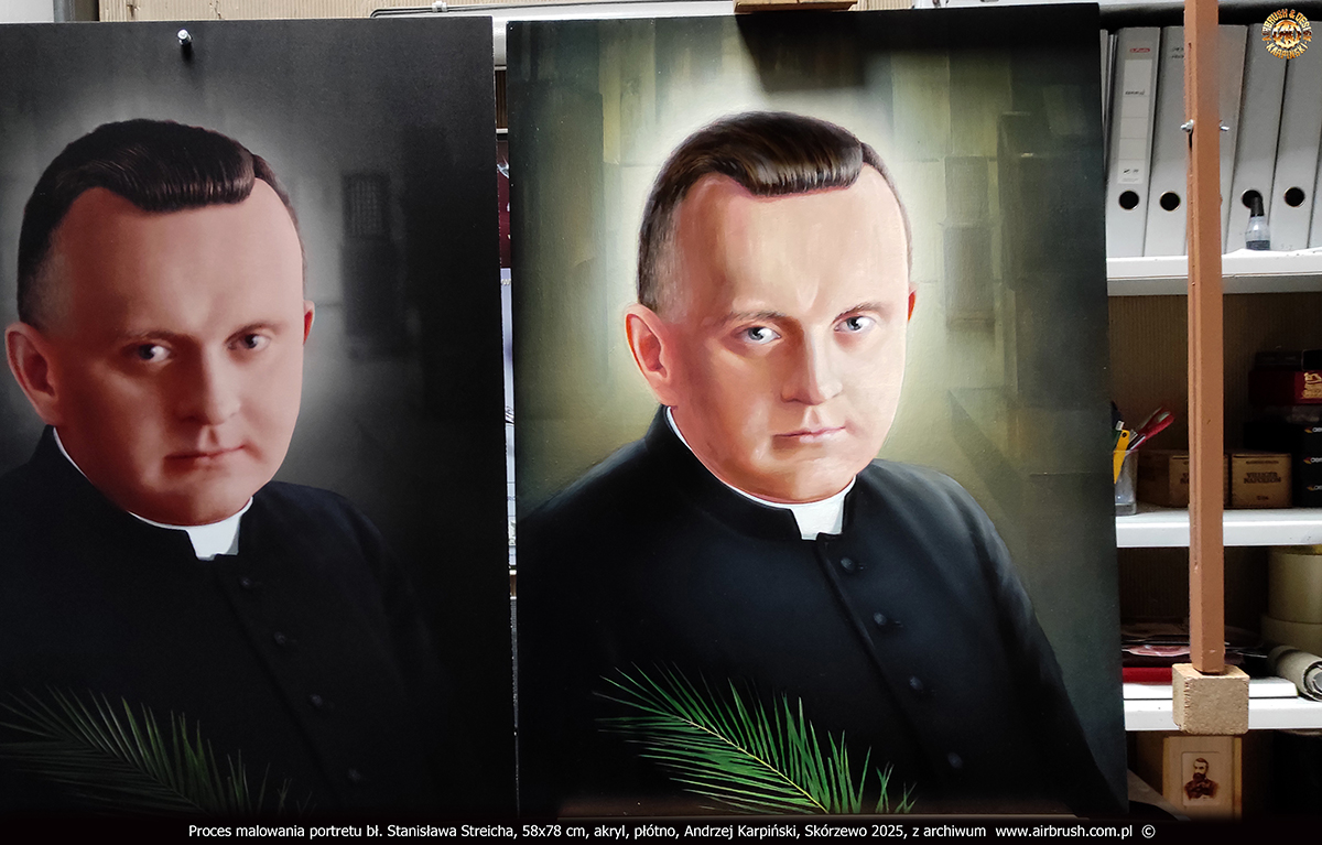 Proces malowania portretu bł. Stanisława Streicha, cieniowanie, światłocień, detale, pracownia, Andrzej Karpiński, 58x78 cm, akryl, płótno, Skórzewo 2025 Proces malowania portretu bł. Stanisława Streicha, cieniowanie, światłocień, detale, pracownia, Andrzej Karpiński, 58x78 cm, akryl, płótno, Skórzewo 2025
