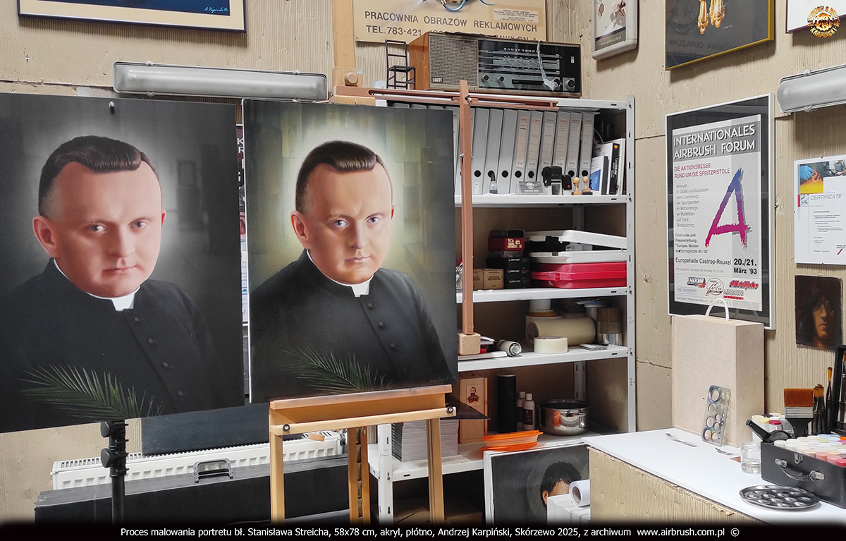 Proces malowania portretu bł. Stanisława Streicha, cieniowanie, światłocień, detale, pracownia, Andrzej Karpiński, 58x78 cm, akryl, płótno, Skórzewo 2025 Proces malowania portretu bł. Stanisława Streicha, cieniowanie, światłocień, detale, pracownia, Andrzej Karpiński, 58x78 cm, akryl, płótno, Skórzewo 2025