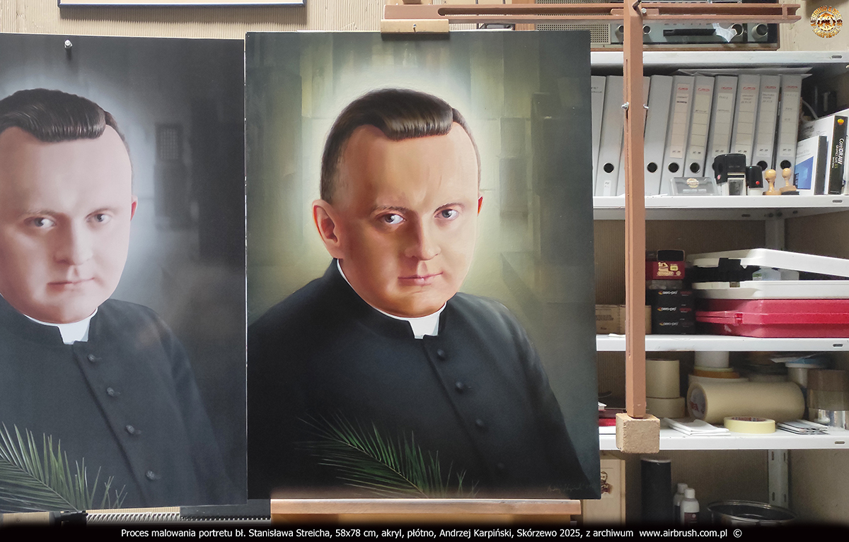 Proces malowania portretu bł. Stanisława Streicha, cieniowanie, światłocień, detale, pracownia, Andrzej Karpiński, 58x78 cm, akryl, płótno, Skórzewo 2025 Proces malowania portretu bł. Stanisława Streicha