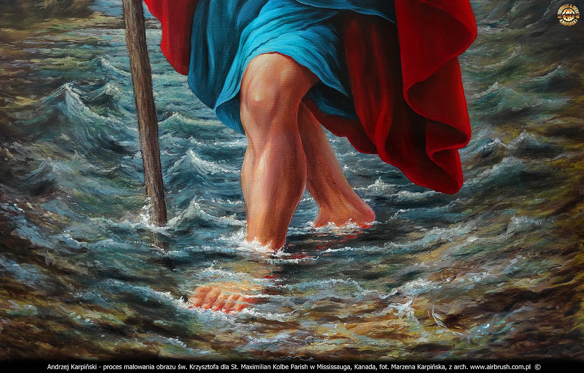 Obraz na płótnie o wymiarach 83x125cm przedstawiający świętego Krzysztofa dla kościoła pw. św. Maksymiliana Kolbe w Mississauga, Toronto malowany przez Andrzeja Karpińskiego ze Skórzewa koło Poznania w marcu 2026 roku.