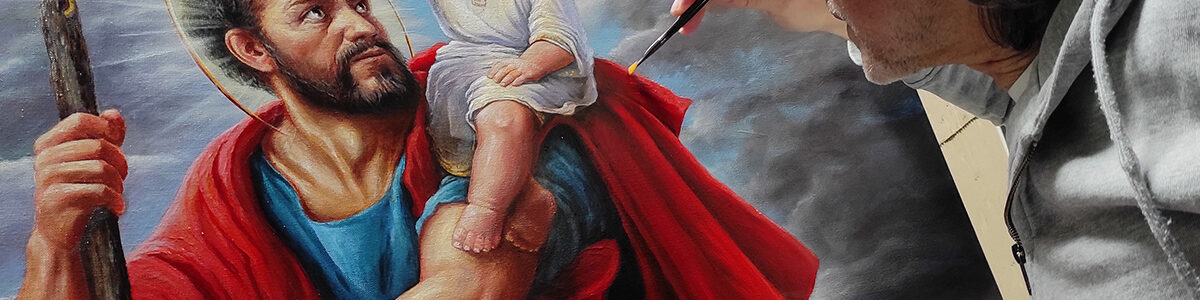 Obraz na płótnie o wymiarach 83x125cm przedstawiający świętego Krzysztofa dla kościoła pw. św. Maksymiliana Kolbe w Mississauga, Toronto malowany przez Andrzeja Karpińskiego ze Skórzewa koło Poznania w marcu 2026 roku.