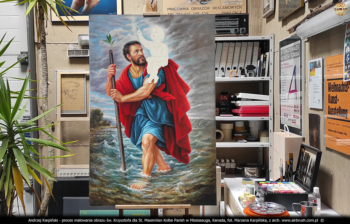Proces malowania obrazu świętego Krzysztofa dla kościoła pw. św. Maksymiliana Kolbe w Mississauga, Toronto autorstwa Andrzeja Karpińskiego, Skórzewo, Poznań, marzec 2026.
