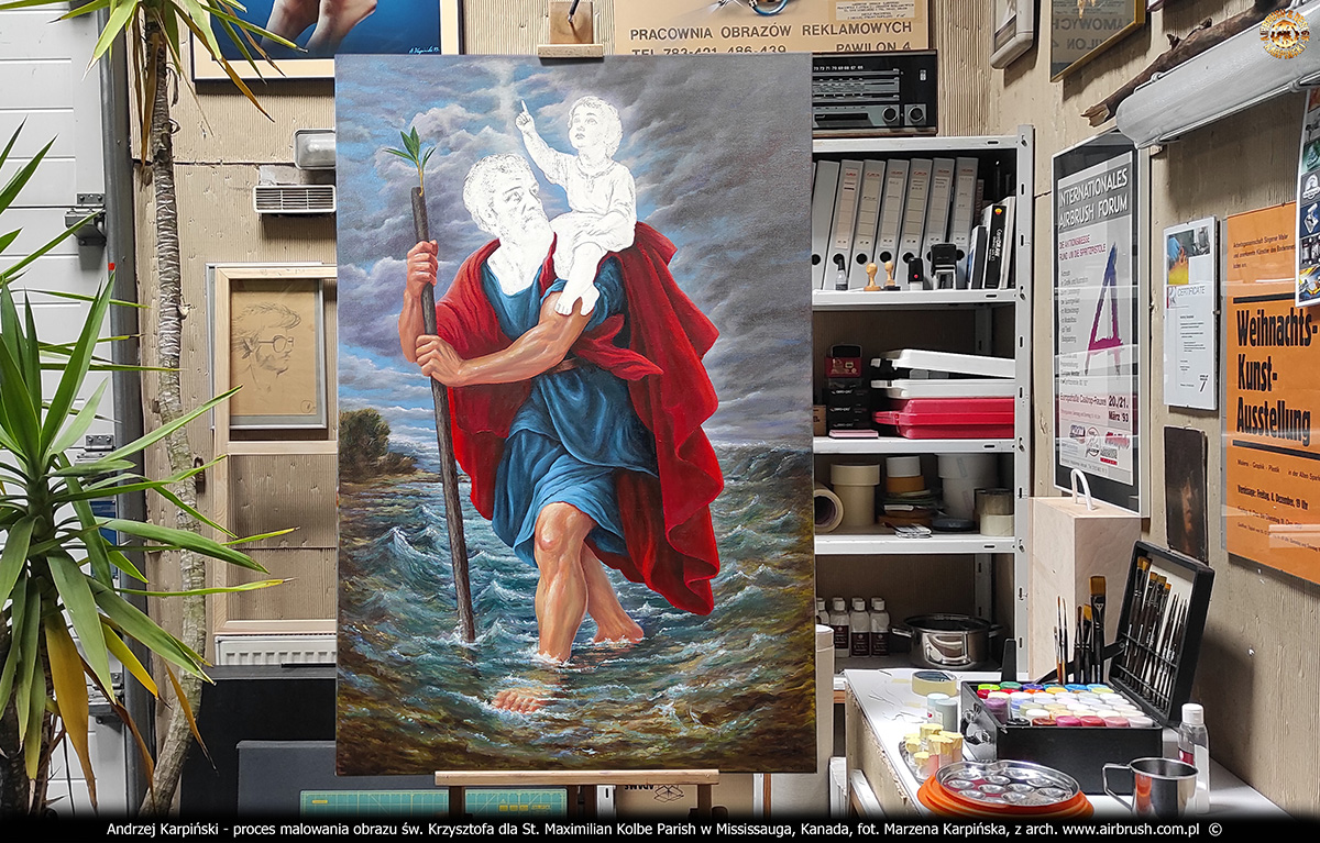 Proces malowania obrazu świętego Krzysztofa dla kościoła pw. św. Maksymiliana Kolbe w Mississauga, Toronto autorstwa Andrzeja Karpińskiego, Skórzewo, Poznań, marzec 2026.