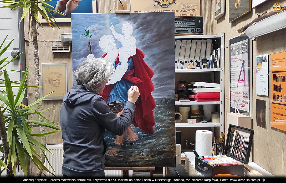 Proces malowania obrazu świętego Krzysztofa dla kościoła pw. św. Maksymiliana Kolbe w Mississauga, Toronto autorstwa Andrzeja Karpińskiego, Skórzewo, Poznań, marzec 2026.