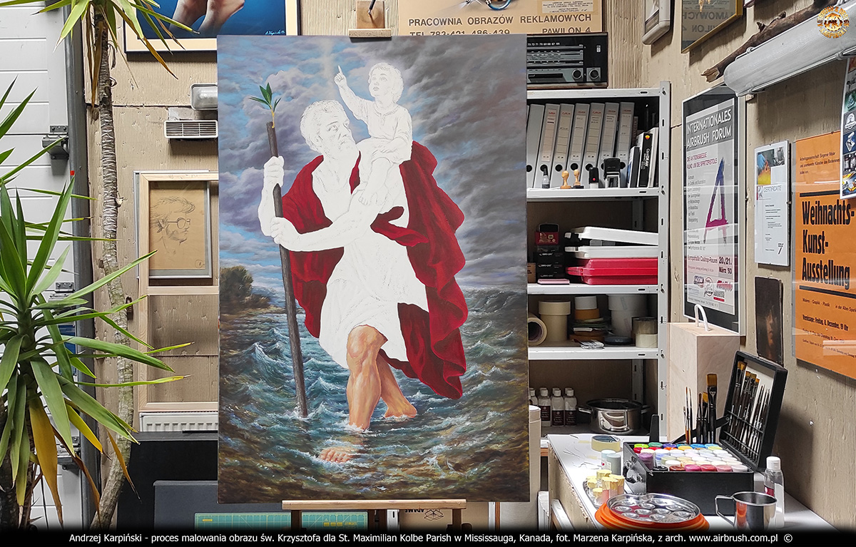 Proces malowania obrazu świętego Krzysztofa dla kościoła pw. św. Maksymiliana Kolbe w Mississauga, Toronto autorstwa Andrzeja Karpińskiego, Skórzewo, Poznań, marzec 2026.