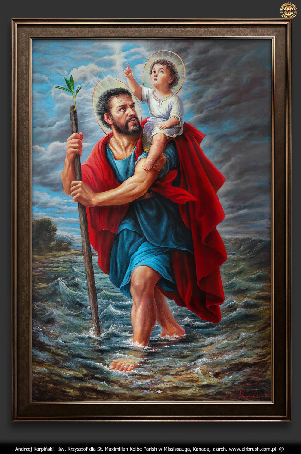 Obraz na płótnie o wymiarach 83x125cm przedstawiający świętego Krzysztofa dla kościoła pw. św. Maksymiliana Kolbe w Mississauga koło Toronto namalowany według własnego projektu przez Andrzeja Karpińskiego ze Skórzewa koło Poznania w marcu 2026 roku.