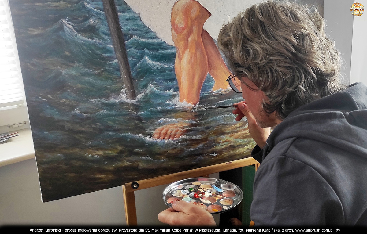 Proces malowania obrazu świętego Krzysztofa dla kościoła pw. św. Maksymiliana Kolbe w Mississauga, Toronto autorstwa Andrzeja Karpińskiego, Skórzewo, Poznań, marzec 2026.