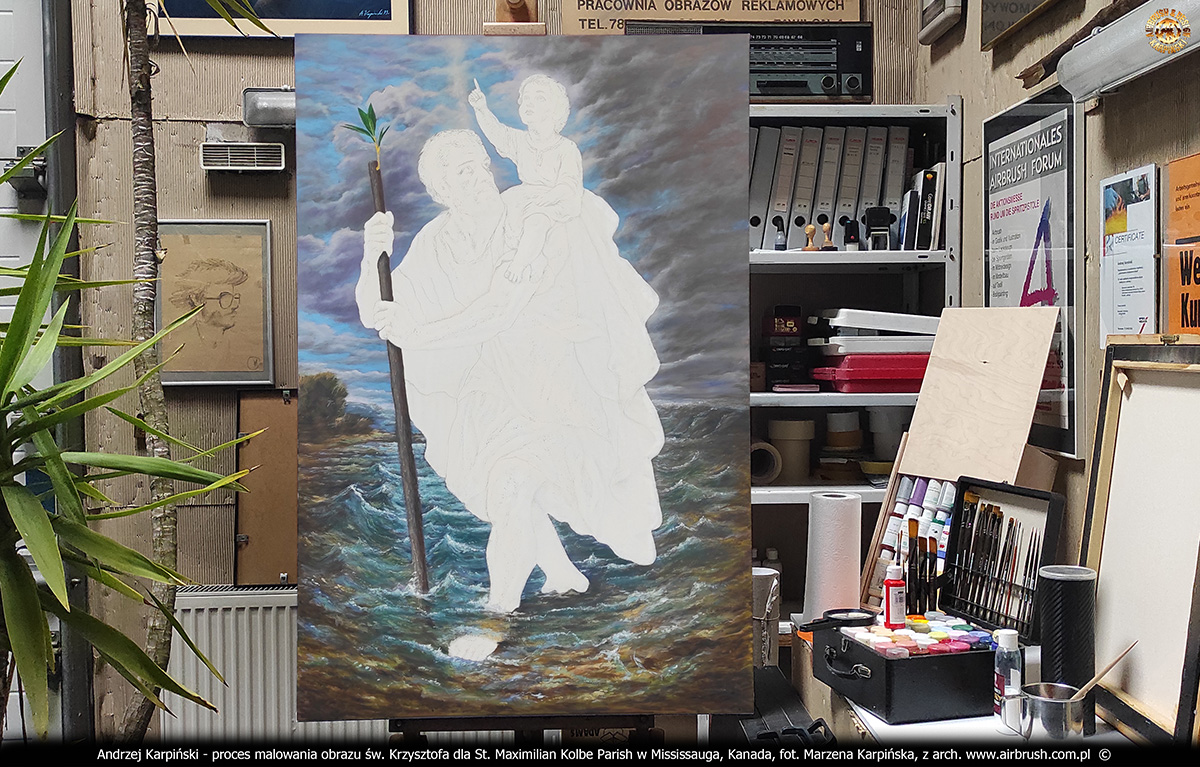 Proces malowania obrazu świętego Krzysztofa dla kościoła pw. św. Maksymiliana Kolbe w Mississauga, Toronto autorstwa Andrzeja Karpińskiego, Skórzewo, Poznań, marzec 2026.