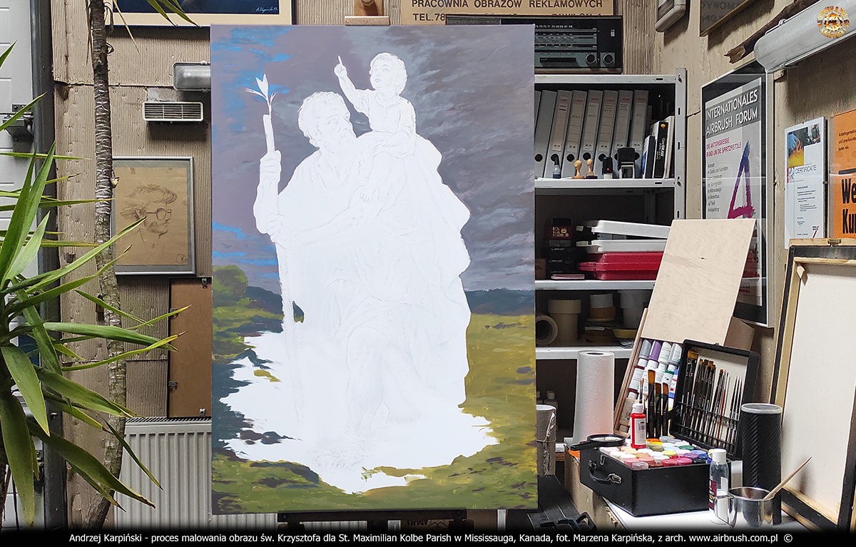 Proces malowania obrazu świętego Krzysztofa dla kościoła pw. św. Maksymiliana Kolbe w Mississauga, Toronto autorstwa Andrzeja Karpińskiego, Skórzewo, Poznań, marzec 2026.