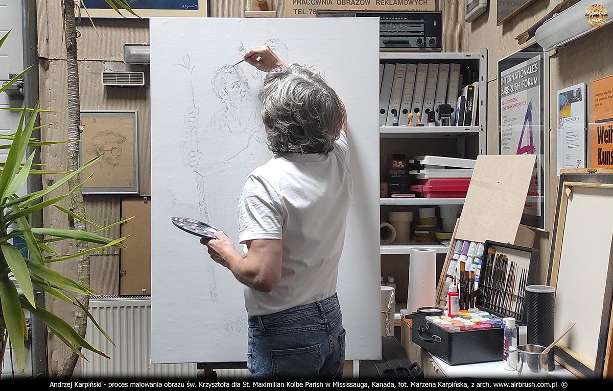 Proces malowania obrazu świętego Krzysztofa dla kościoła pw. św. Maksymiliana Kolbe w Mississauga, Toronto autorstwa Andrzeja Karpińskiego, Skórzewo, Poznań, marzec 2026.